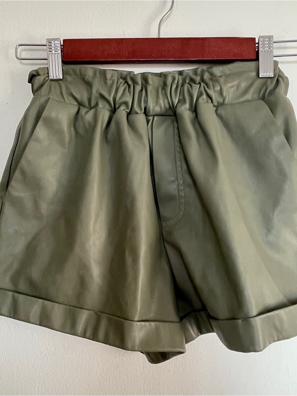 Forever 21 Olive Green Faux Leather High-Waist Paperbag Shorts